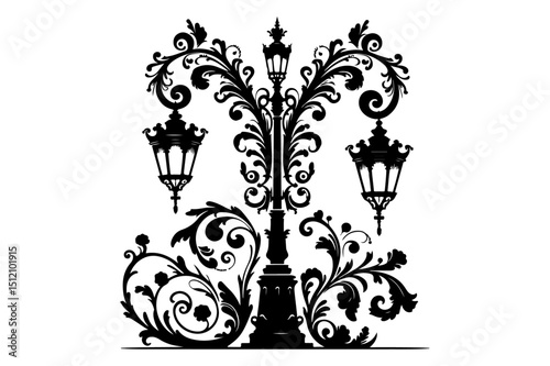 "Ornate Vintage Street Lamp Vector – Decorative Swirl Lantern Artwork"

