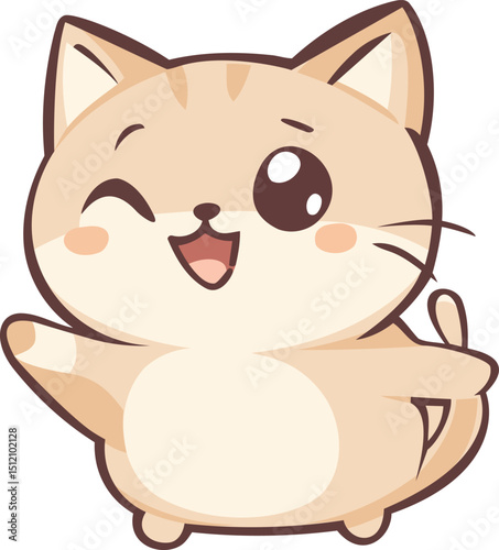 Adorable vector cartoon cat with a beige coat, winking and smiling cheerfully. Vector cat Perfect for kids illustrations, stickers, and animal characters.