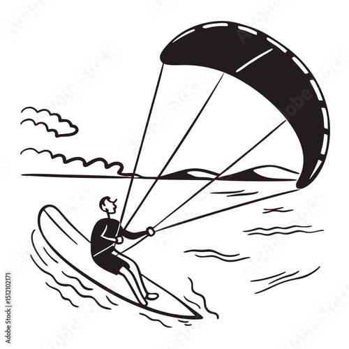 Kitesurfing action, clean cutout illustration, white background