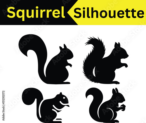 A collection of four squirrel silhouettes in different poses, perfect for logos or illustrations.