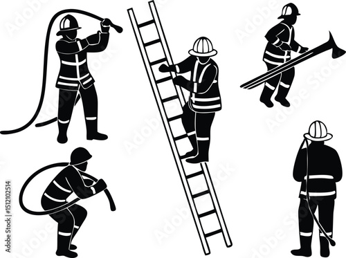 Vector silhouette set of firefighters in action depicting emergency response professionals in the field