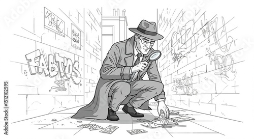 Detective investigates evidence using magnifier alley graffiti background discovery clue case paper