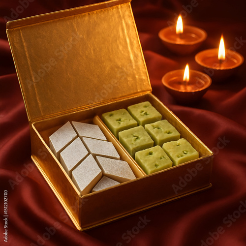 Luxury Diwali Mithai Box – Kaju Katli & Pista Barfi on Silk (Premium Food Stock Photo)