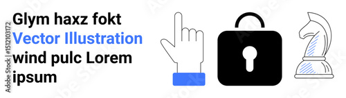Hand pointing upwards, secured padlock, and chess knight symbolizing interaction, protection, and strategic thinking. Ideal for cybersecurity, strategy, decision-making, online privacy apps user