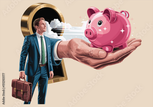 businessman saving money in piggy bank Vector Illustration