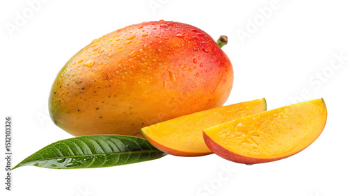 Wallpaper Mural Ripe Mango with Slices and Leaf on Black Background with Water Droplets Torontodigital.ca