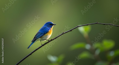 a vibrant blue bird perched gracefully on a branch, bathed in soft sunlight. Its plumage shimmers with a mix of blue, orange, and white