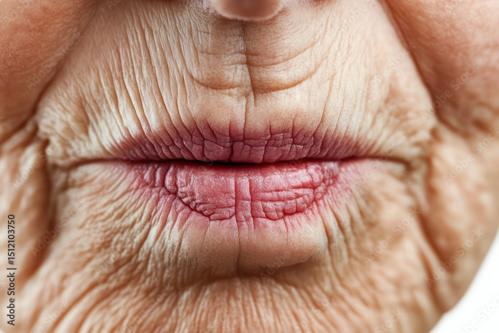 Fototapeta premium Close-Up of Elderly Woman Wrinkled Lips on White Background