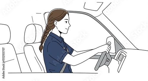 Female driver operates vehicle safely in minimalist car interior sketch style