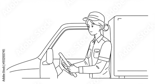 Deliverywoman drives vehicle attentively inside truck during transport wearing uniform and cap.