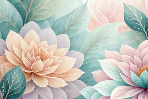 Pastel watercolor floral with layered botanical shapes Colorful floral pattern featuring lotus flowers and leaves in soft pastel shades.