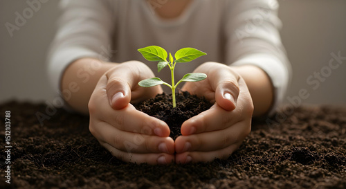 a person's hands tenderly cradling a small plant, with a focus on environmental care and the cycle of life. The close-up shot evokes a sense of care and nurture