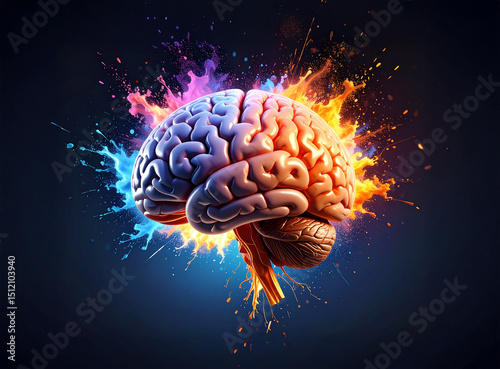 Colorful human brain explosion on black background