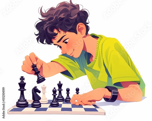 Anime young man playing chess wallpaper. Anime, vector illustration of a young man playing chess, manga character, coloring, kawaii coloring, scared, shocked look. King chess piece. Chess. Chessboard.
