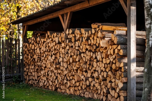Stacked firewood in garden woodshed for natural fuel