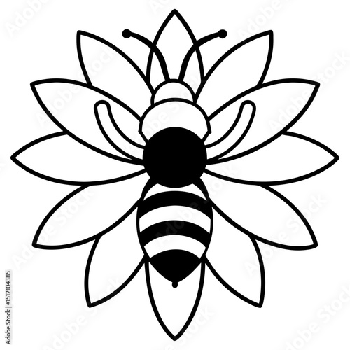 Bee on sunflower line art vector illustration 