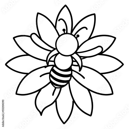 Bee on sunflower line art vector illustration 