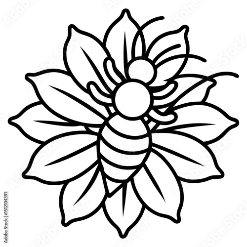 Bee on sunflower line art vector illustration 