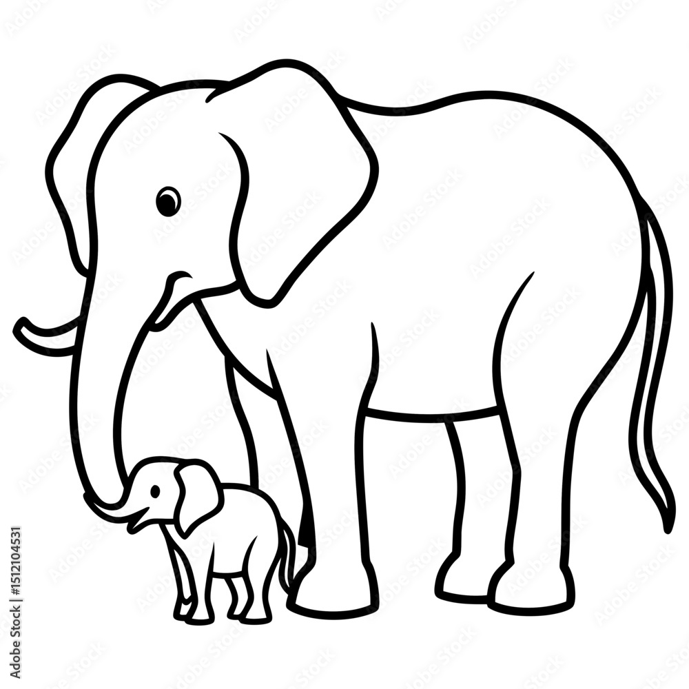 Fototapeta premium Elephant with baby line art vector illustration 