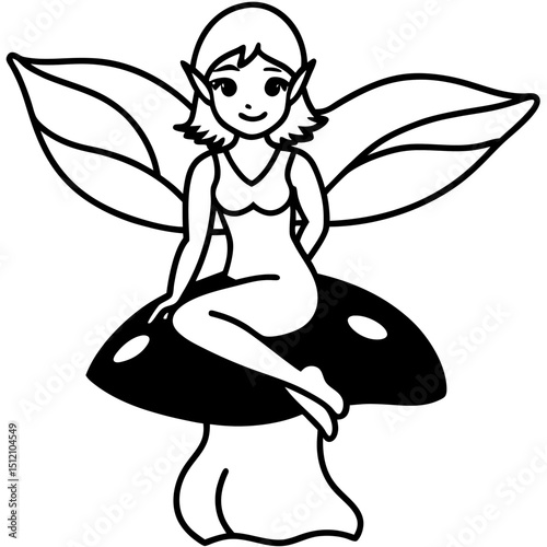 Fairy sitting on mushroom line art vector illustration 