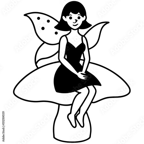 Fairy sitting on mushroom line art vector illustration 