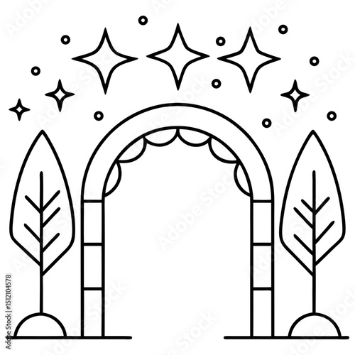 Fantasy forest gateway line art vector illustration 