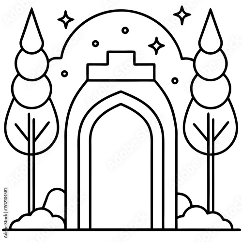 Fantasy forest gateway line art vector illustration 