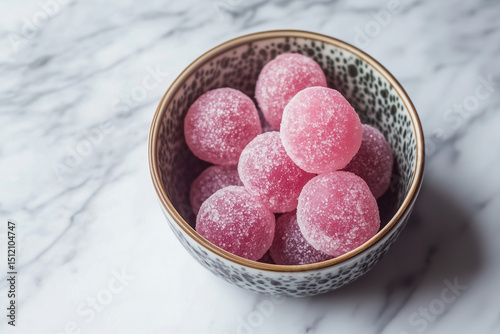 Bowl of pink sugar jelly candies on marble surface