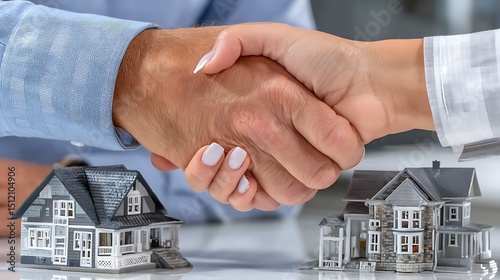 Agreement Between Two Individuals with Model Houses Representing Real Estate Deal Signing