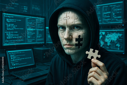 Cyber Hacker in Hoodie Holding Puzzle Piece