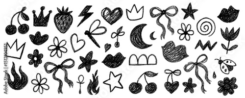 Cute hand drawn crayon doodle seamless pattern with bows, crowns and flower icons