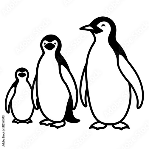 Penguin family standing line art vector illustration 