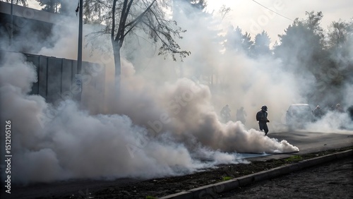 Riot Police in Action with Tear Gas during Civil Unrest