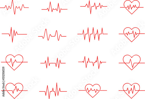 Red Heartbeat Line Icons Collection – ECG, EKG, Heart Rate Vector Symbols.
