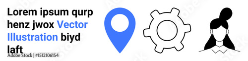 Blue location pin, black gear icon, female avatar in monochrome. Ideal for navigation, settings, user profile, UIUX design, app development, tech presentations and simple landing page