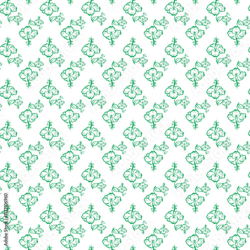 Seamless Botanical Pattern With Green Flower Illustrations on White Background
