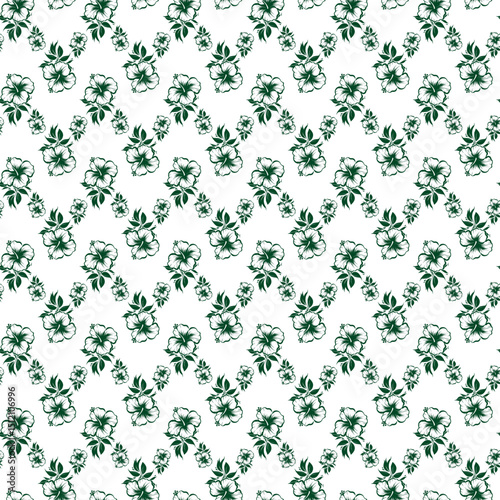 Seamless Floral Pattern Featuring Green Hibiscus Flowers and Leaves on White Background