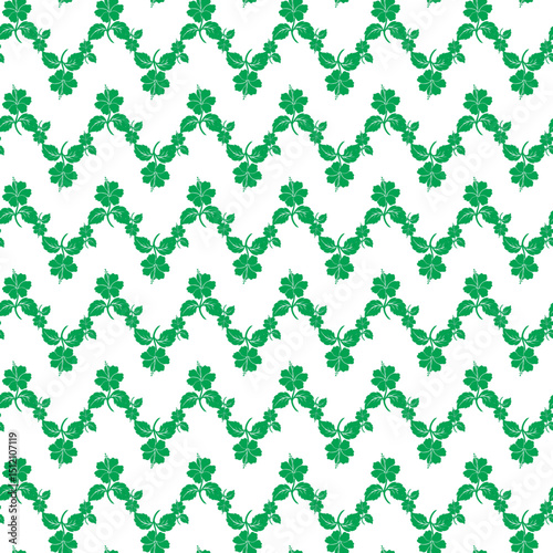 Seamless Green Floral Pattern with Decorative Four-Leaf Design on White Background