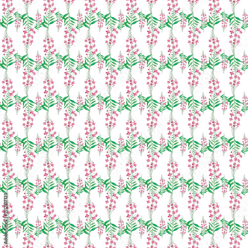 Seamless Floral Pattern Featuring Pink Blossoms and Green Leaves on White Background