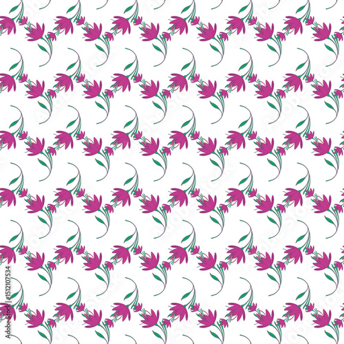 Seamless Pattern of Pink Flowers on White Background with Green Stems
