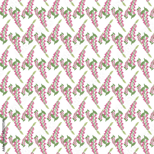 Seamless Pattern of Pink Flowers with Green Leaves on White Background 