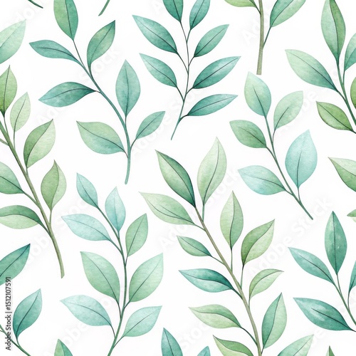 Seamless watercolor pattern with hand painted botanical leaves Botanical pattern featuring delicate green leaves on a light background.