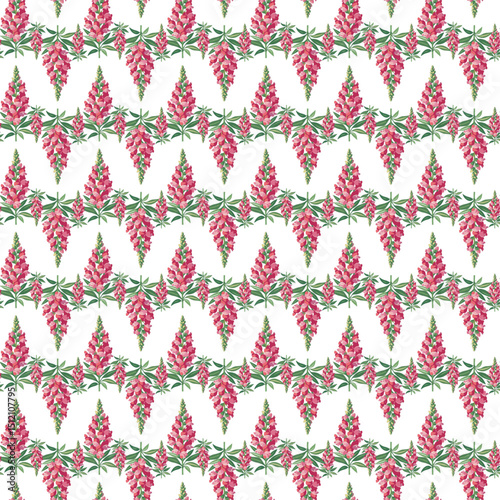 Seamless Pattern of Pink Flowers with Green Leaves on White Background 