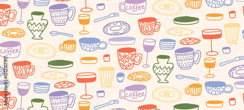 Seamless Doodle Pattern with Colorful Cups Plates Vases Wine Glasses and Cutlery. Childlike Hand Drawn Tableware Elements in Crayon Style. Vector Illustration.