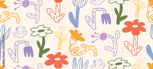 Seamless Doodle Pattern with Colorful Cartoon Flowers and Stems. Abstract Hand Drawn Childlike Botanical Elements. Crayon Style Line Art. Vector Illustration.