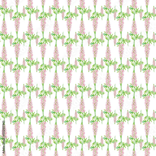 Seamless Pattern of Pink Flowers with Green Leaves on White Background 