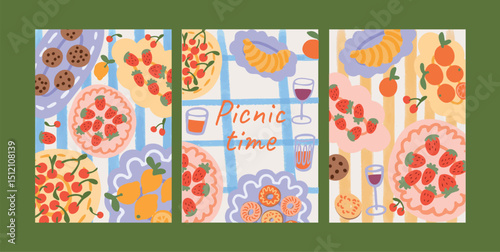 Picnic food and drinks on checkered blanket. Wine bottle, croissants, cherry and strawberry, citrus fruits, cookies, bread. Summer Retro holiday picnic banner.
