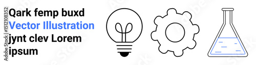 Light bulb symbolizing ideas, gear for mechanics, and flask representing science and experimentation. Ideal for creativity, engineering, research, education, invention, brainstorming and a simple