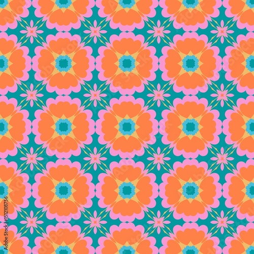 Geometric Floral Seamless Pattern  in Coral, Pink, and Turquoise Tones