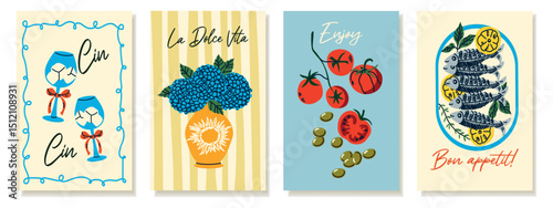 Summer Italy. Set of posters with tomatoes, olives, sprats, drinks and a vase with hydrangeas. Mediterranean food, culture, and travel themed graphic. Vector illustrations.

